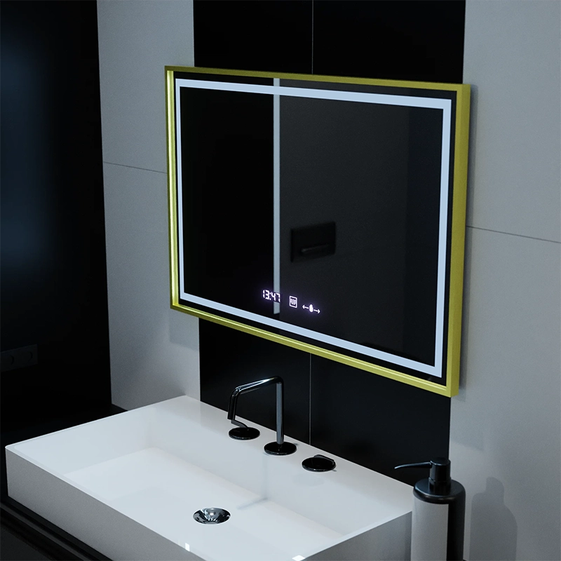 Правоъгълно LED огледало, 100x65 см, Verite Royale Gold Motion Glow Marcello, система против запотяване, часовник и термометър, димиране