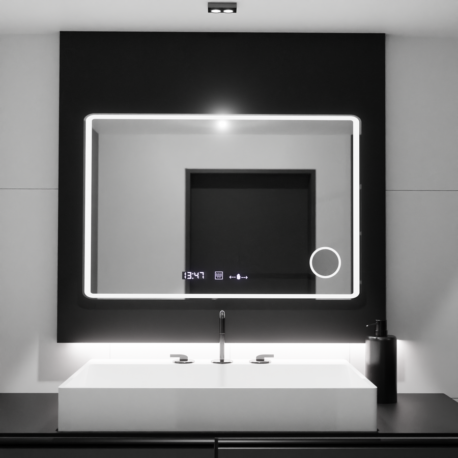 Огледално светодиодно правоъгълно 120x80 Aura Riflesso Puro Motionglow Marcello, система за размразяване, термометър и часовник, подразбиращ се