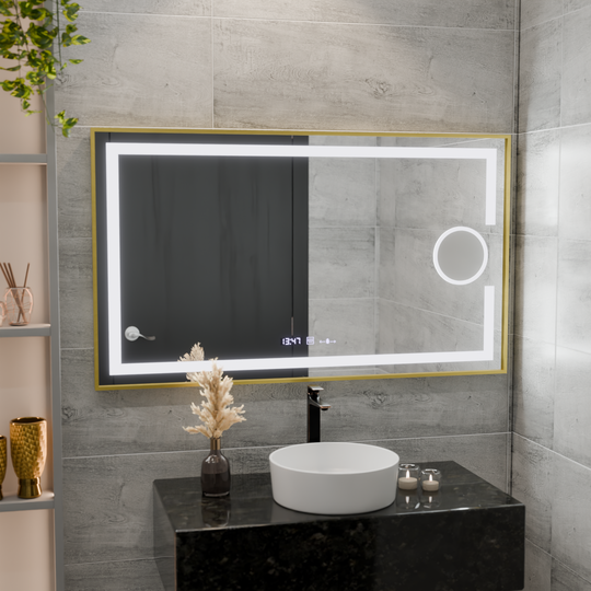 Правоъгълно LED огледало, 120x80 см, Eclat MotionGlow Marcello, система за обезпотяване, часовник и термометър, козметична лупа, възможност за димиране, матирана златна рамка Marcello огледала Заглавие по подразбиране Alessandro Design