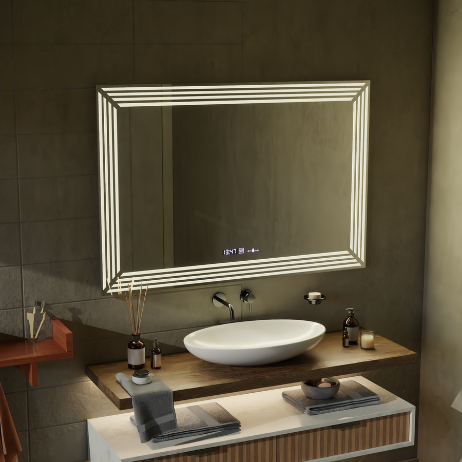 Правоъгълно светодиодно огледало, 60x80см, венец сензор Motionglow Marcello, система за размразяване, часовник и термометър, намаляващ се