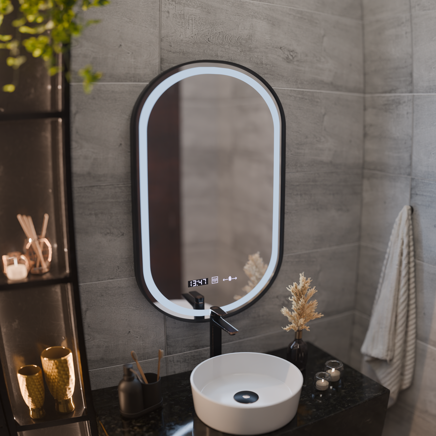 Огледална LED Touch Touch Defrition System, часовник и температура 50x80 cm Black Brushd Frame Frame