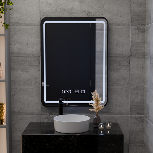 LED Touch Touch Karl Mirror Defrition System, часовник и температура 50x70 cm Black Brushd Frame Frame