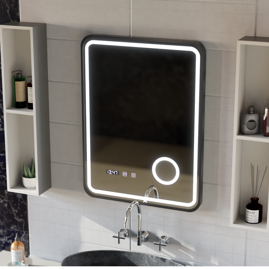 Огледално LED Touch Touch Ulrich Debrulation System, часовник и температура 60x80 cm Black Ramahed Cosmetics Lup