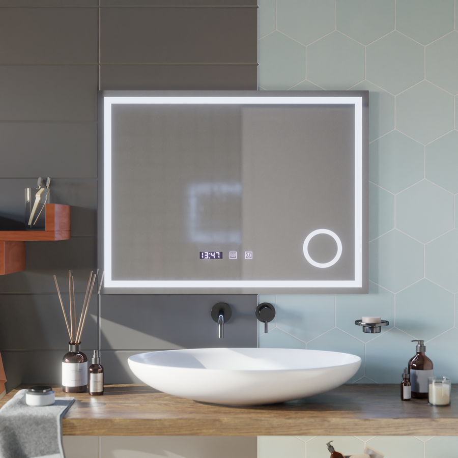 LED Touch Gunter Mirror Deflosting System, часовник и температура 80x60 cm козметично увеличение