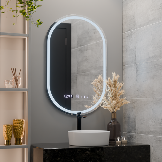 Овално LED огледало, 50x80 см, Eminence MotionGlow Marcello, система за обезпотяване, часовник и термометър, димируеми огледала Marcello Заглавие по подразбиране Alessandro Design