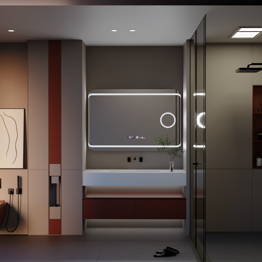 Правоъгълно светодиодно огледало, 120x80см, дефиниция Motionglow Marcello, система за инвалидиране, часовник и термометър, козметично увеличение