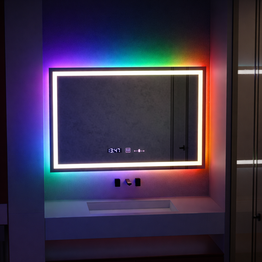 Правоъгълно LED огледало, 100x60 см, Verite MotionGlow Marcello, система за обезпотяване, часовник и термометър, димиране, W09/100X60BTRGB Marcello огледала Заглавие по подразбиране Alessandro Design
