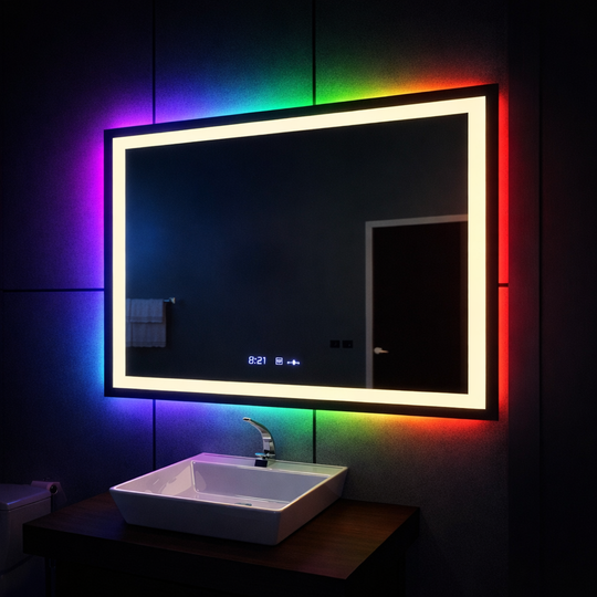 Правоъгълно LED огледало, 100x60 см, Verite MotionGlow Marcello, система за обезпотяване, часовник и термометър, димиране, W09/100X60BTRGB Marcello огледала Заглавие по подразбиране Alessandro Design