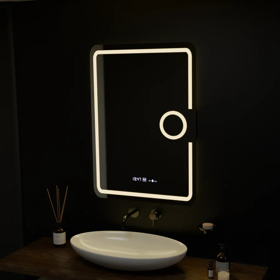 Правоъгълно светодиодно огледало, 50x70см, eclat motionglow marcello, система за размразяване, часовник и термометър, козметичен луп