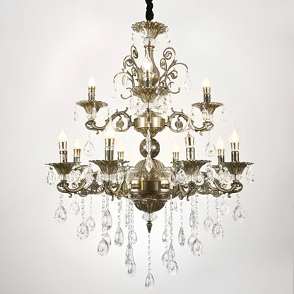 Candelabru Sansoiu Royal 12xe14 Метални и кристални регулируеми височина Античен месинг