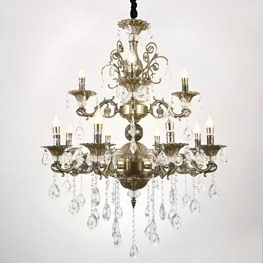 Candelabru Sansoiu Royal 12xe14 Метални и кристални регулируеми височина Античен месинг