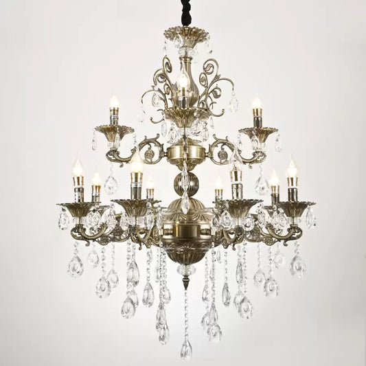 Candelabru Sansoiu Royal 12xe14 Метални и кристални регулируеми височина Античен месинг