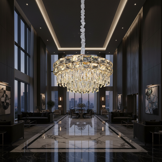 Candelabru Cristal LUCENT Eleganza 9xE14, D50 cm, Auriu, Inaltime Reglabila, Metal si Cristal
