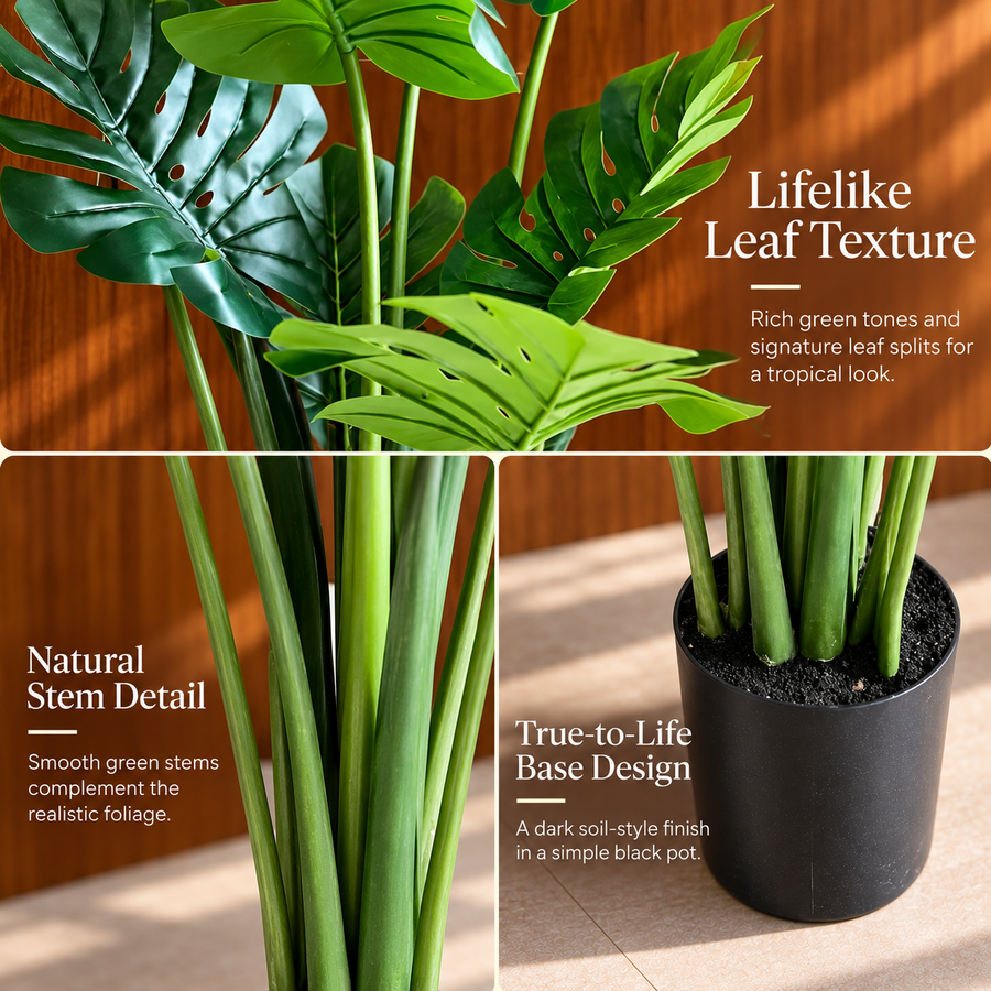 Изкуствено растение тип Monstera Deliciosa, с богати листа, 160 см, зелено