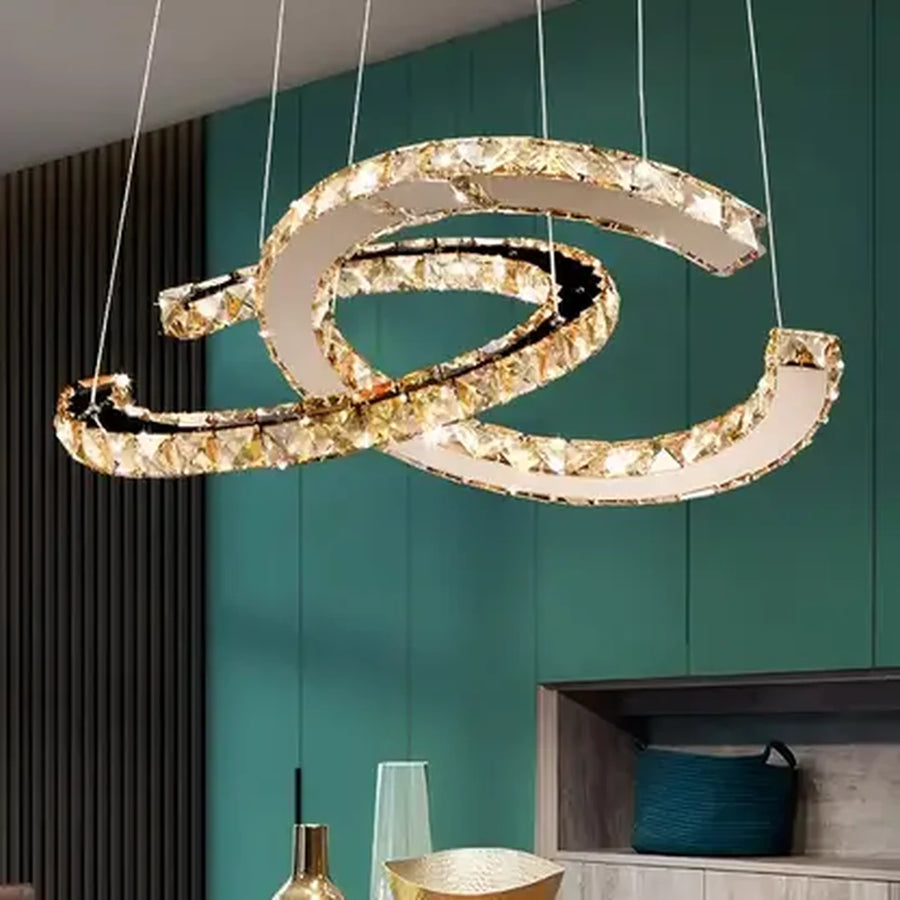 LED полилей, окачен с дистанционно управление и кристална призма antitea 40W, 2 кръга, студена/гореща/неутрална светлина, нестабилна, лъскава хром, регулируема височина