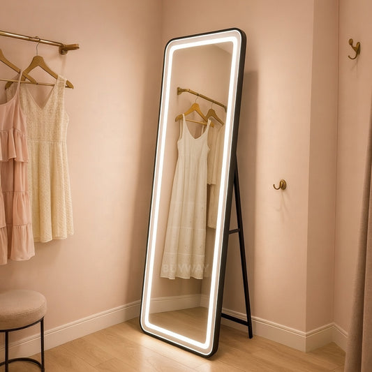 Правоъгълно LED огледало, черна рамка, 50x160 см, димируемо, студена/топла/неутрална светлина, облекло Couture