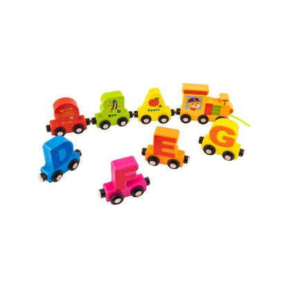 Образователен тип магнитен влак с многоцветни букви и животни, 27 парчета, дърво