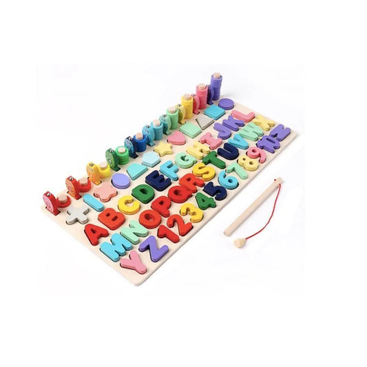Montiforsori Montessori Educational Game Table Type с Alfabet, букви, геометрични форми и риба, дърво