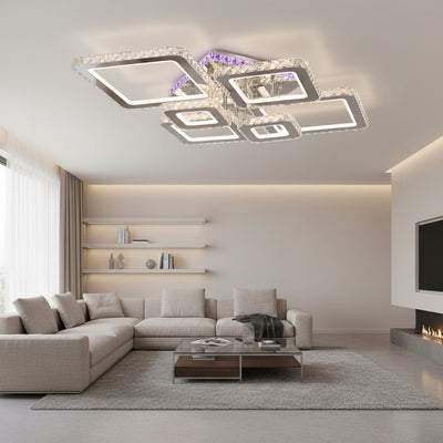 LED полилей с дистанционно управление и кристал NOVA RHOMBA RGB 168W, 6 квадрата, студена/топла/неутрална светлина, димиране, лъскав хром