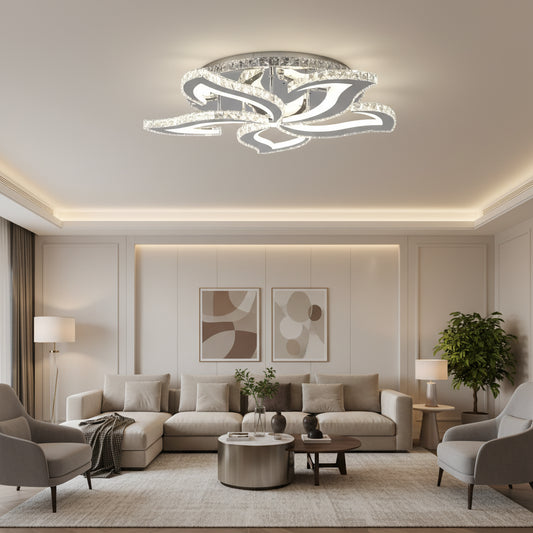 LED полилей с дистанционно управление и кристал Alejandro RGB 88W, 5 цветя, Студена/Топла/Неутрална светлина, Димируем, Блестящ Хром