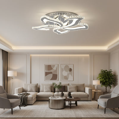 LED полилей с дистанционно управление и кристал Alejandro RGB 88W, 5 цветя, Студена/Топла/Неутрална светлина, Димируем, Блестящ Хром