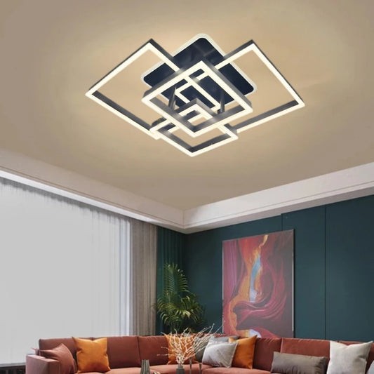 Lustra LED cu telecomanda EMMA 190W,  4 Patrate, lumina Rece/Calda/Neutra, Dimabila, Negru