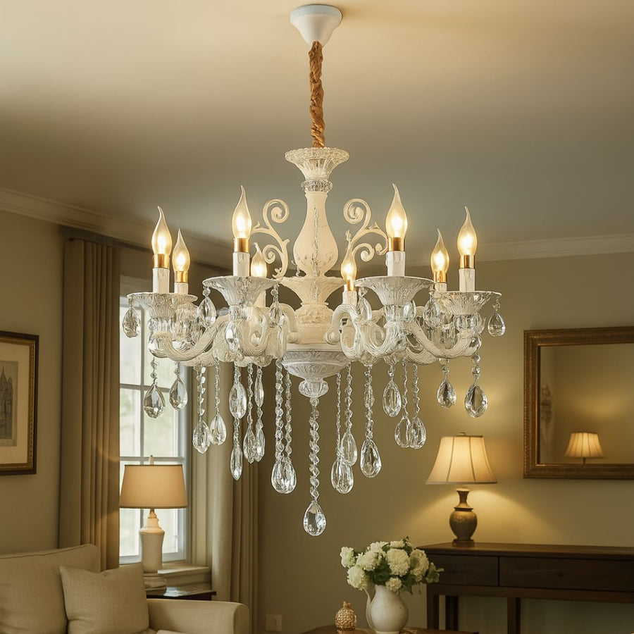 Sanssoci 8xe14 Кристален и метален полилей - Royal Elegance, регулируема височина, сребърно бяло