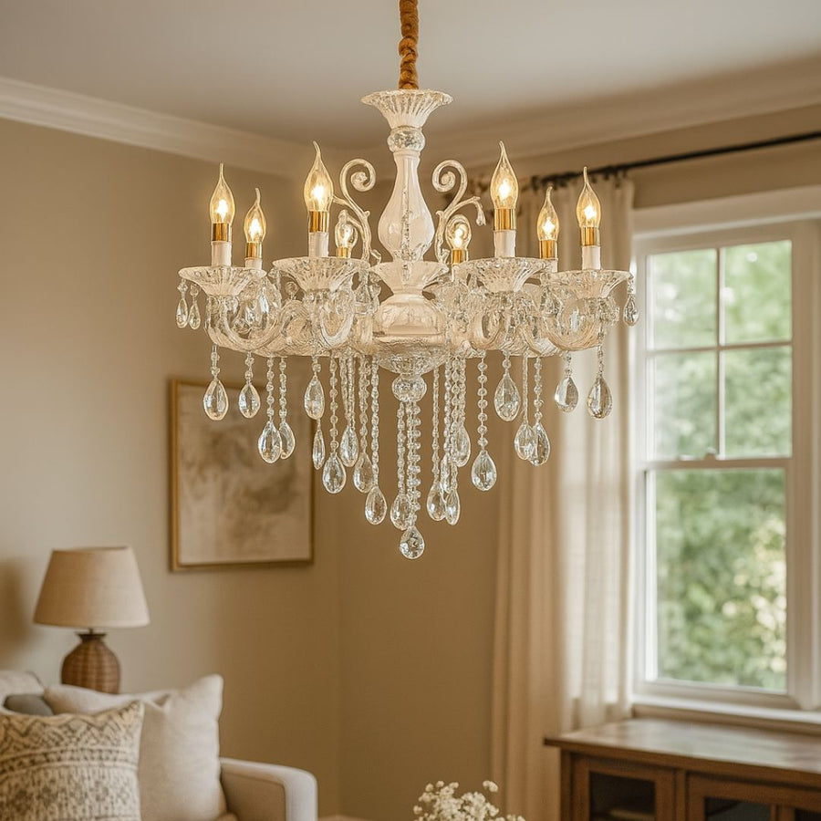 Sanssoci 8xe14 Кристален и метален полилей - Royal Elegance, регулируема височина, сребърно бяло