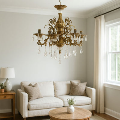 Chandilier Sanssoci 6xe14 метални и кристални регулируеми височина Античен месинг