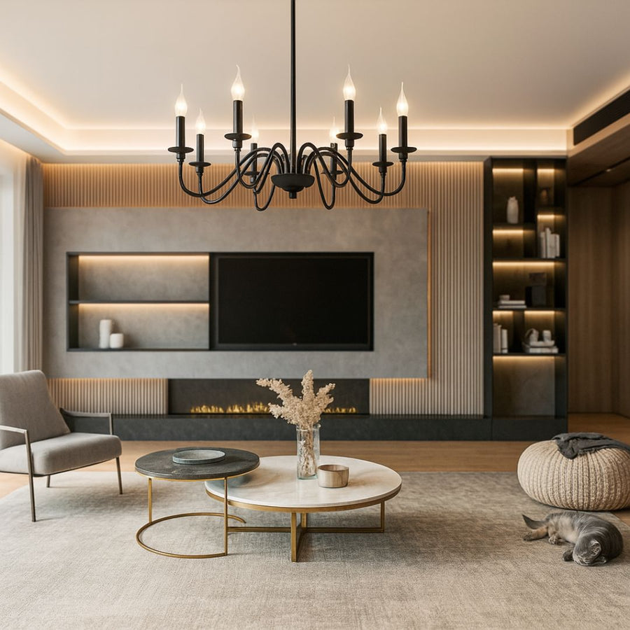 Кристален полилей Oliveto 8xe14, диаметър 92 см, черен, регулируема височина