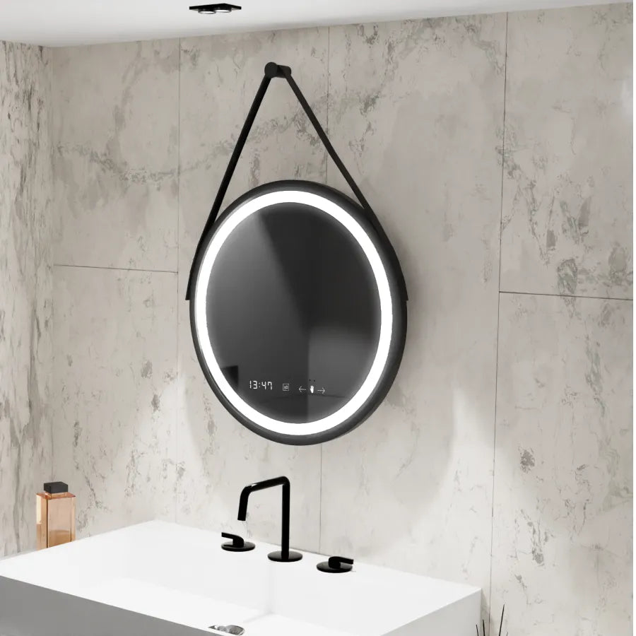 Кръгло LED огледало, 60 см, Celeste Majesti Noir Eleve Motionglow Marcello, система за дефиниция, часовник и термометър, размирен