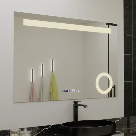 Правоъгълно LED огледало, 120x80 см, ABSOLU MotionGlow Marcello, система за обезпотяване, часовник и термометър, козметична лупа, димируеми огледала Marcello Заглавие по подразбиране Alessandro Design