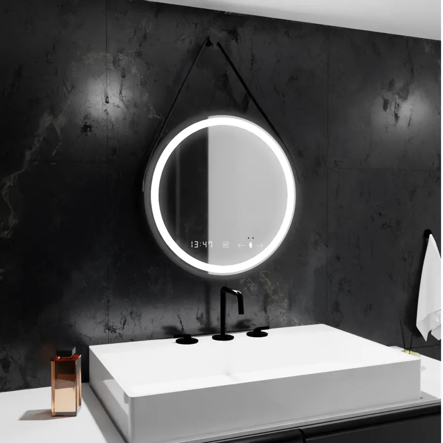Кръгло LED огледало, 50 см, Celeste Majes Noir Eleva Motionglow Marcello, система за деактивиране, часовник и термометър, Davable
