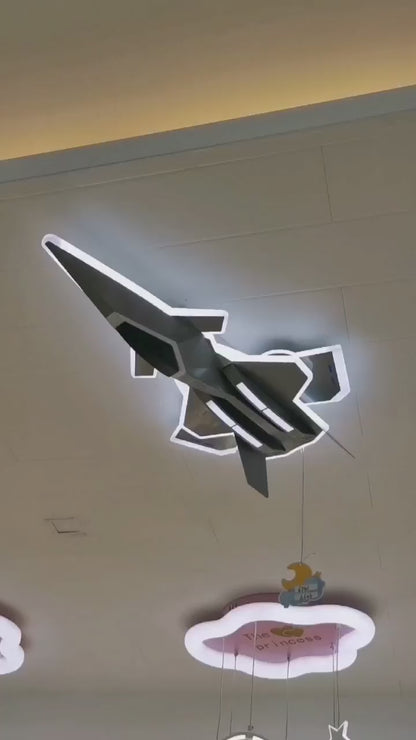 LED детски полилей FIGHTER, Тип самолет, 101W, Студена/Топла/Неутрална светлина, Подвижни крила, Аеронавигационно сиво
